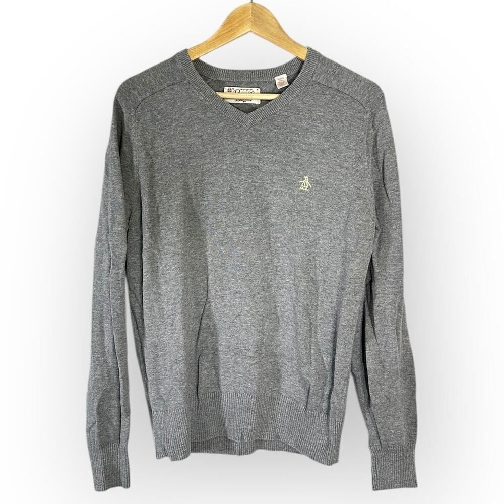 Original Penguin Pullover Sweater Men's Medium Gray V-Neck Long Sleeve Ribbed